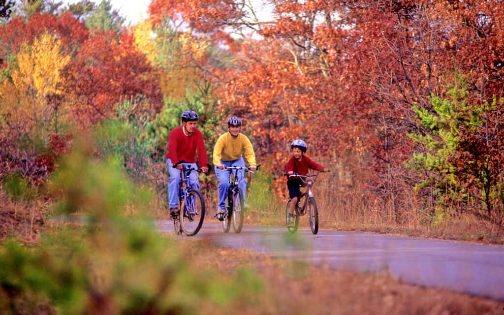 1920x1200 Two adults and one kid biking on the Paul Bunyan State Trail with red, yellow fall leaves