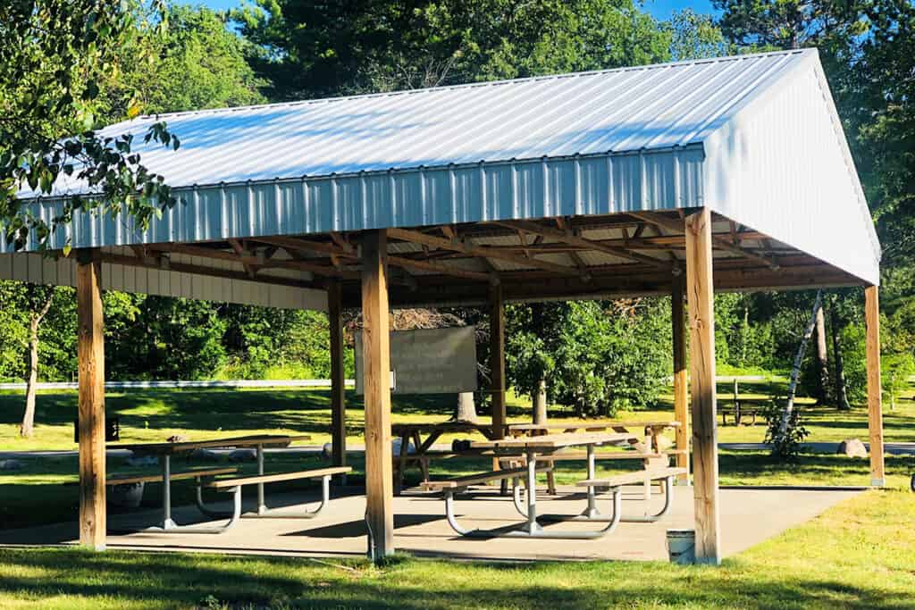Pavillion shelter at Pillager Lakes Recreation Area on a sunny summer day