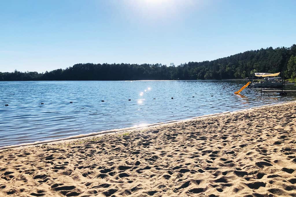 Sandy beach with the lake surrounded by forest on a sunny summer day
