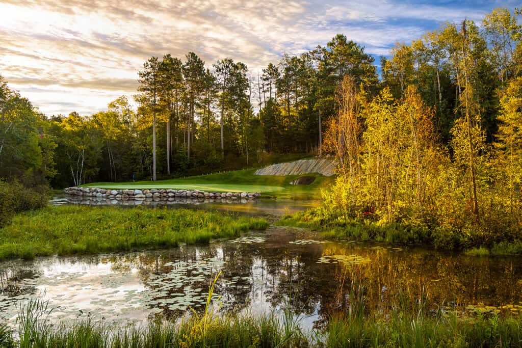 The Pines Grand View Lodge Fall Golf showing a pond with forest in the backgroud at sunset