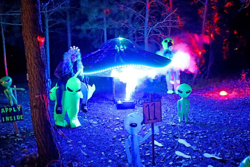 Photo of the Haunted Trail at the Northland Arboretum showing a variety of alien statues at night