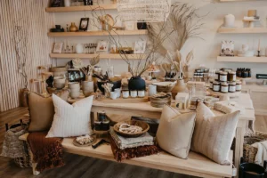 Photo of interior of MN Traders Co. specialty shop showing scandenavian themed home goods and decor