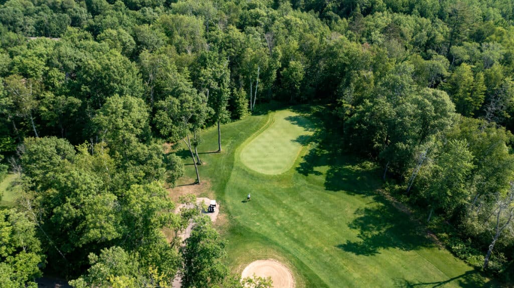 Sky view of a green freshly mowed golf course fairways with mature trees