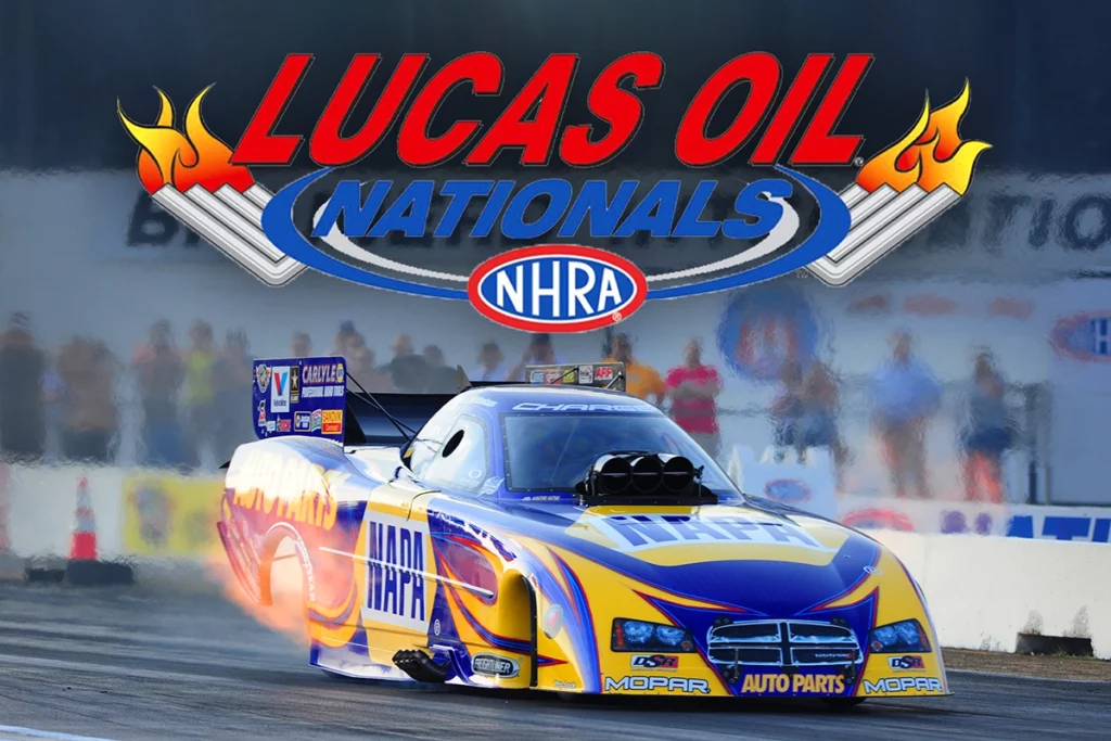 Photo of a race car at NHRA Nationals in Brainerd with a crowd in the background and the Lucas Oil Nationals logo overlayed on top